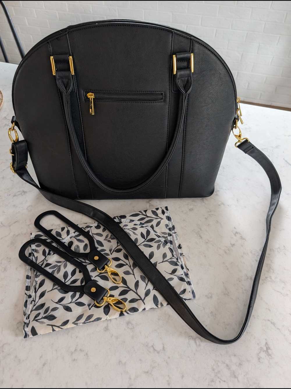 Vegan Leather Black Shoulder Diaper Bag with Gold Accents - Women